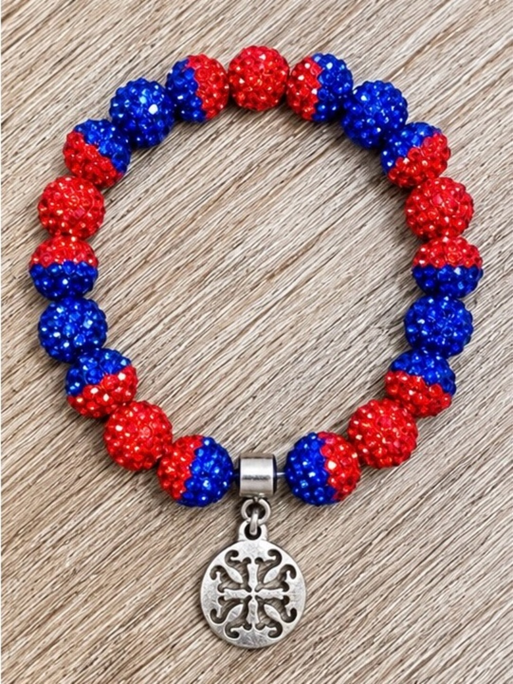Rustic Cuff Red Blue Rhinestone Beaded Stretch Bracelet